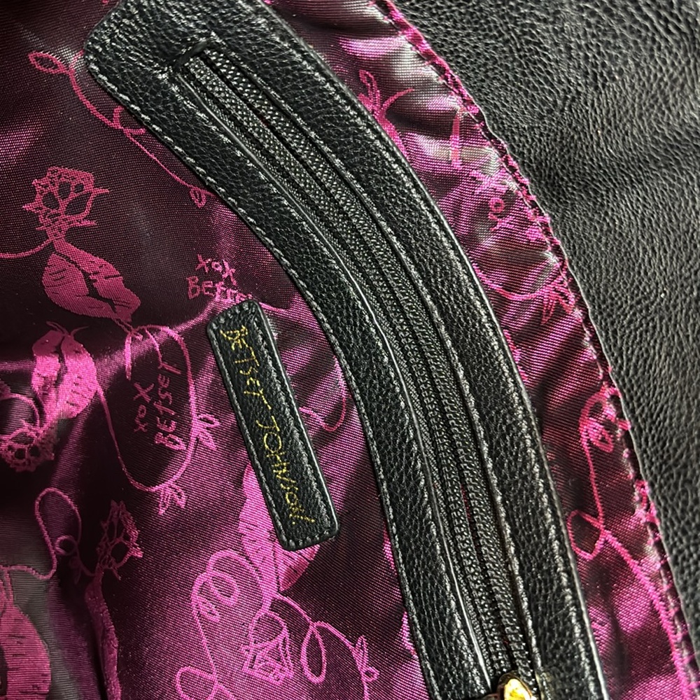 Betsey Johnson Studs and Flowers Black Hot Pink Striped Bag 11.5”Wx10”Hx5.75”D - Picture 10 of 17